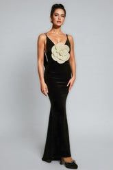 Sorelk Plunge Neck Flower Velvet Maxi Dress