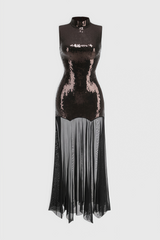 Mayads High Neck Sequin Mesh Maxi Dress