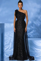 Simona Black Sequined Mesh Maxi Dress