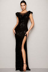 Keve Black Sequinned Slit Maxi Dress