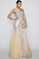 Trevt Single Shoulder Sequined Slit Maxi Dress