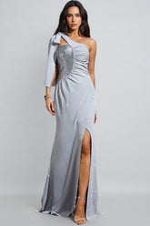 Anira Grey Blue Side Split Maxi Dress