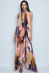 Elia Irregularly Pleated Printed Maxi Dress-Caramel Color