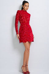 Beni Long Sleeve Lace Mini Dress-Red