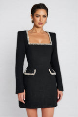 Ilyna U Neck Long Sleeve Mini Dress-Black