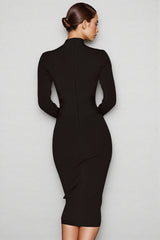 Elira Solid Colour Stand Collar Midi Dress-Black