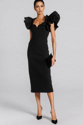 Starsha Black Puff Sleeve Midi Dress