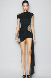 Olexia Asymmetric Embroidered Rose Mini Dress