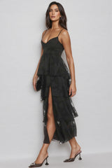 Thomle Black Floral Ruffle A-line Maxi Dress