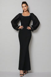 Thariy Black Square Neck Rhinestone Maxi Dress