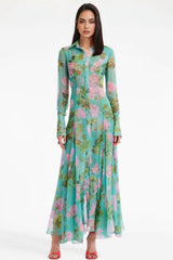 Vira Green Printed Single Breasted Maxi Dress