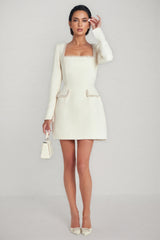 Saila U Neck Long Sleeve Mini Dress-White
