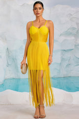 Anita Yellow Strapless Fringe Maxi Dress