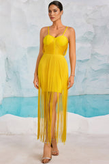 Anita Yellow Strapless Fringe Maxi Dress
