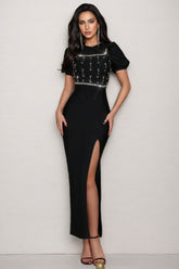 Sileny Studded Bubble Sleeve Slit Maxi Dress