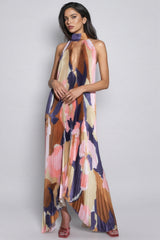 Elia Irregularly Pleated Printed Maxi Dress-Caramel Color