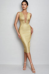 Avara Hot Gold Deep V-neck Midi Dress