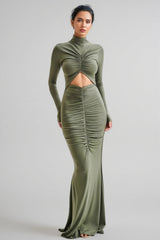 Tona Army Green Cutout Pleated Maxi Dress