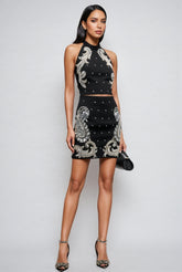 Pira Rhinestone Sequins Hanging Neck Skirt Set