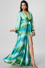 Selare Printed Bubble Sleeve Split Maxi Dress