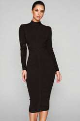Elira Solid Colour Stand Collar Midi Dress-Black