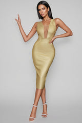 Avara Hot Gold Deep V-neck Midi Dress