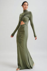 Tona Army Green Cutout Pleated Maxi Dress