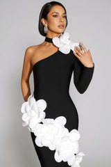 Zellk One Shoulder 3D Floral Bandage Maxi Dress