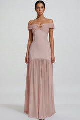 Cionlt Pink Mesh Backless Pleated Maxi Dress
