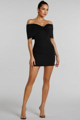 Mireille Off Shoulder Bow Mini Dress - Black