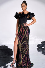 Rebekah Black Sequined Slit Maxi Dress