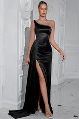 Vaild Shoulder Split Satin Maxi Dress