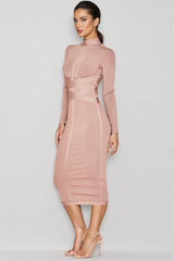 Layra Solid Colour Stand Collar Midi Dress-Brown