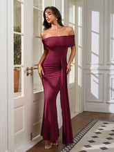 Off Shoulder Ruched Ribbon Trim Solid Dress