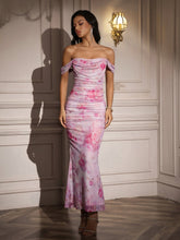 Ruched Off Shoulder Zipper Back Floral Bodycon Dress