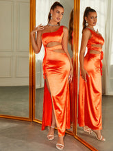 One Shoulder Cut Out Satin Slit Dress