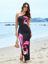 One Shoulder Floral Slit Hem Bodycon Dress