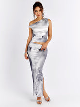 One Shoulder Ruched Floral Top&Ruched Bodycon Skirt