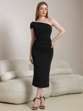 One Shoulder Ruched Solid Midi Dress