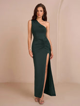 One Shoulder Ruched Waist Split Thigh Solid Dress