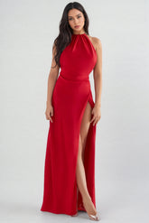 Izzy Solid Halter Neck Split Midi Dress