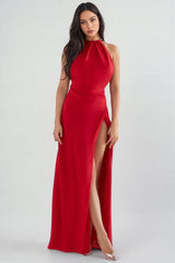 Izzy Solid Halter Neck Split Midi Dress