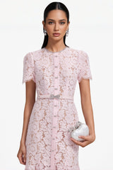 Ariela Pink Lace Bow Trim Midi Dress