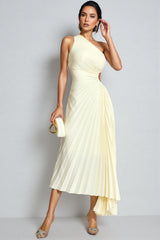 Symons Beige One Shoulder Pleated Maxi Dress