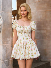 Puff Sleeve Tie Front Ruched Floral Print Dress