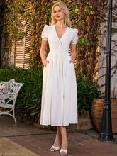 Puff Sleeve V-Neck Pleat Pocket Solid Long Dress