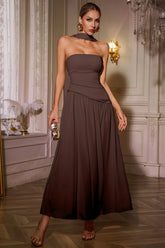 Qaeltric Brown Strapless Draped Split Maxi Dress