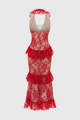 Gracd Backless Lace Ruffled Midi Dress