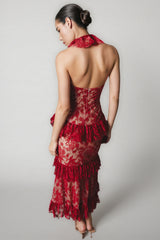 Gracd Backless Lace Ruffled Midi Dress