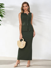 Round Neck Placket Button Top&Placket Button Decoration Bodycon Set